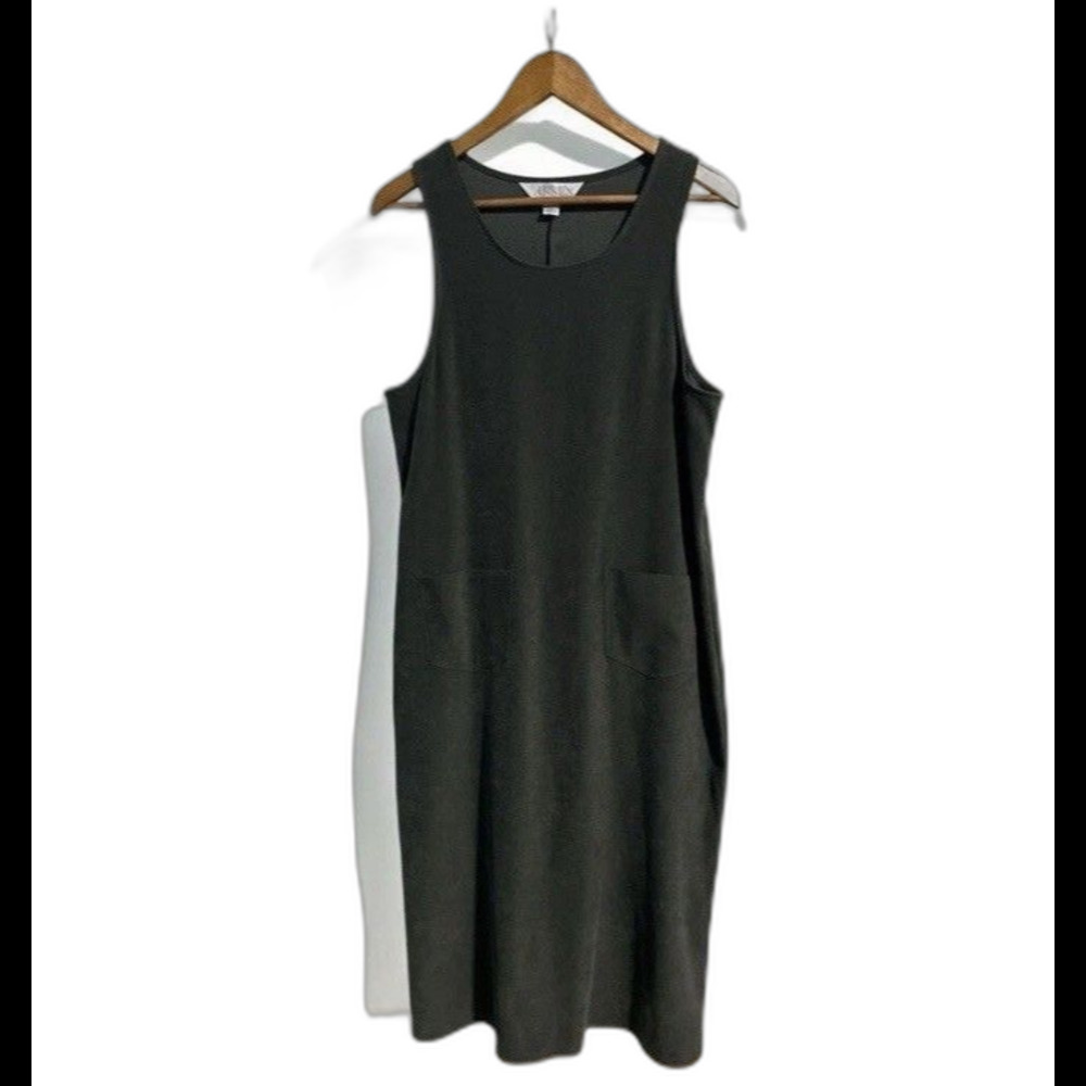 Casual Corner Annex Dress Womens 12 Green Faux Suede Pocket Midi Maxi 90s VTG